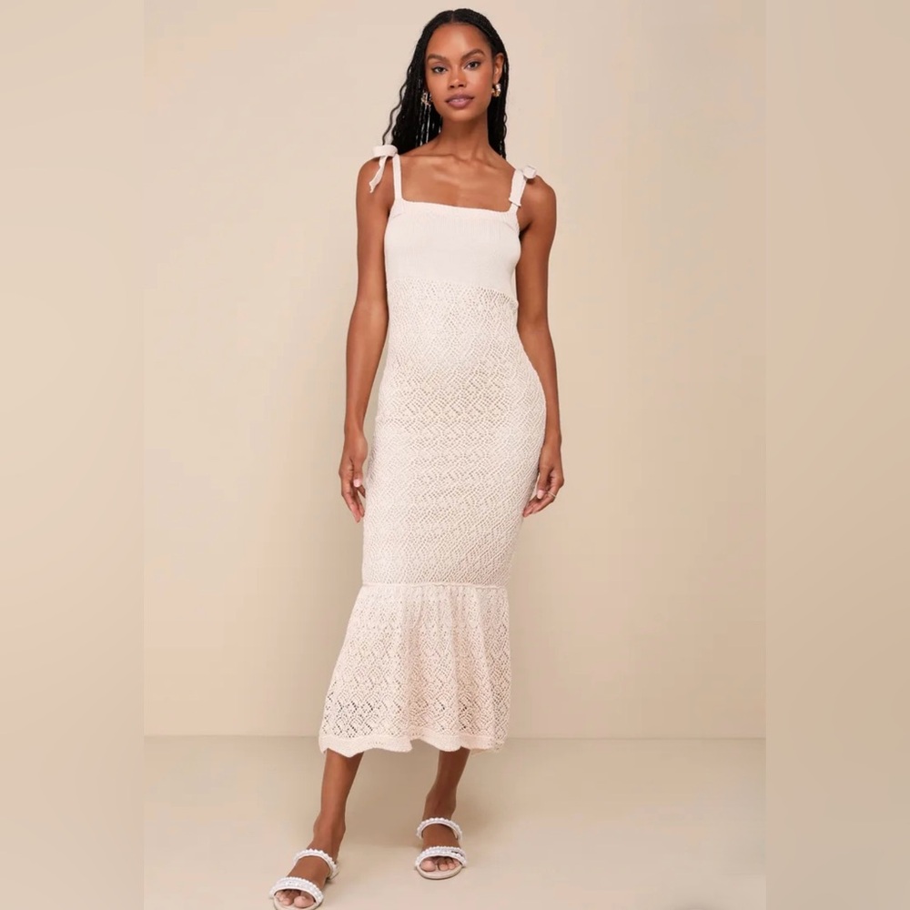 Sunny Choice Beige Tie-Strap Sweater Knit Midi Dress